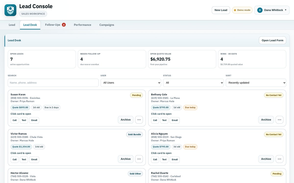 Lead Desk pipeline view listing leads with status, owner, quote value, and follow-up timing