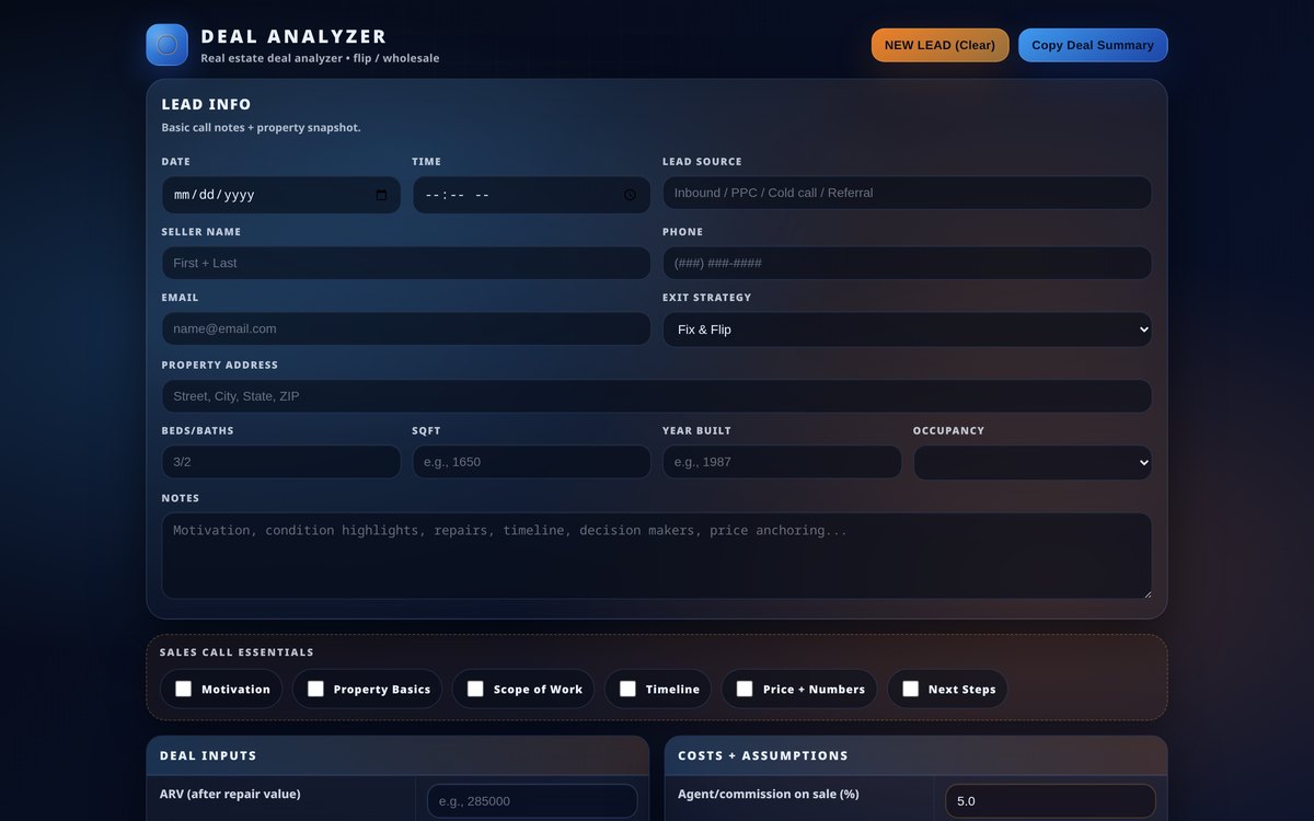 A real estate deal analyzer showing lead intake fields and deal inputs