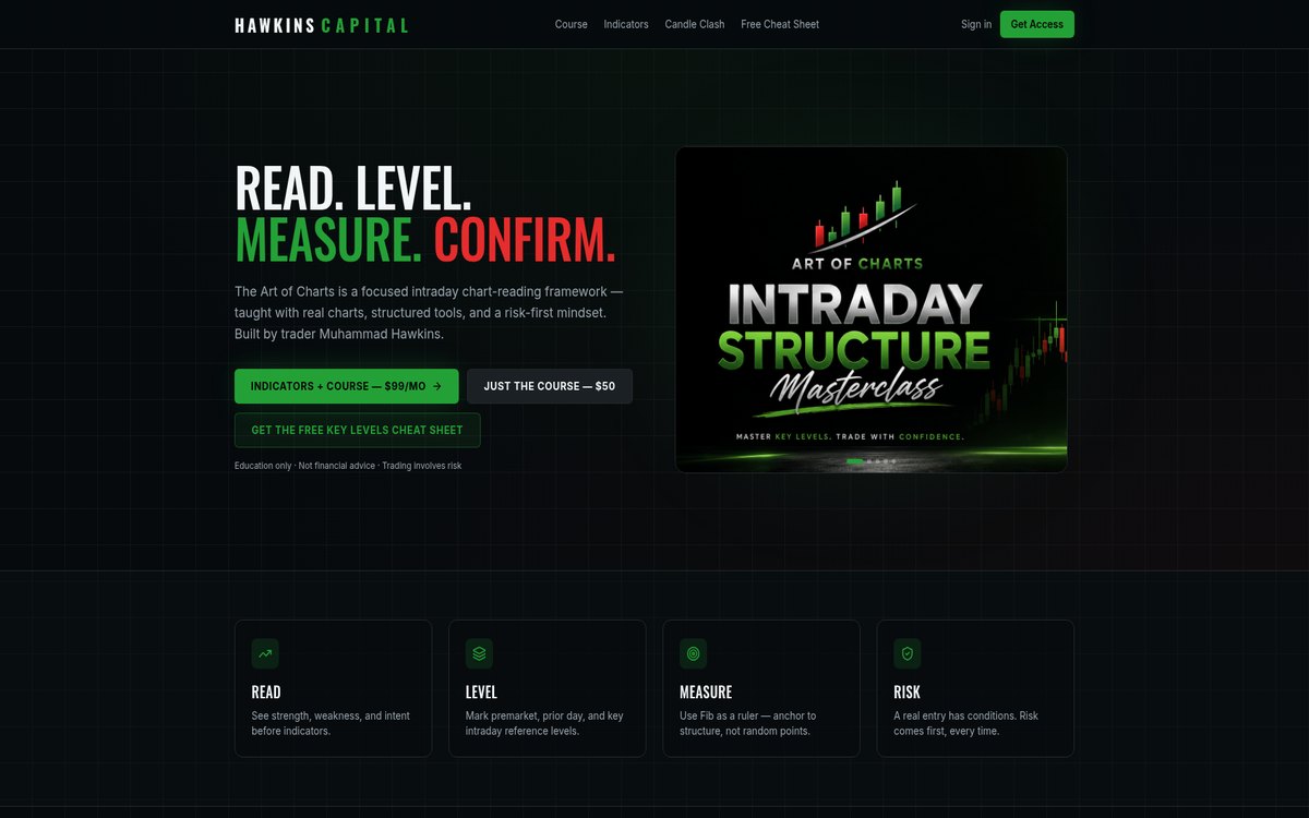 The Hawkins Capital website home page with course and membership options