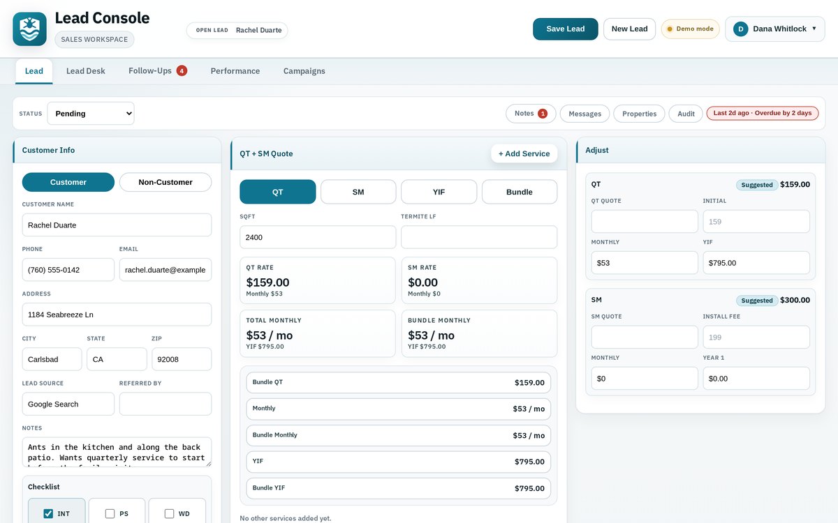 The Lead Console sales workspace showing a lead record beside a live quote calculator