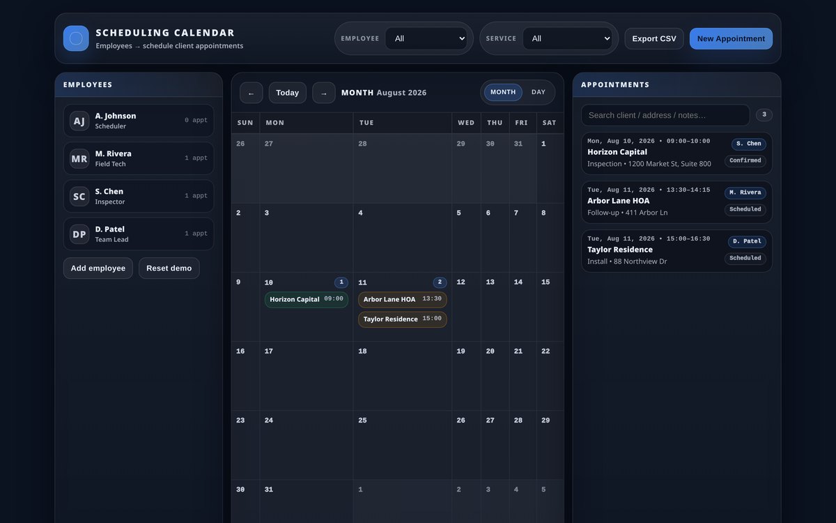 A scheduling calendar showing employees, a month grid, and an appointment list
